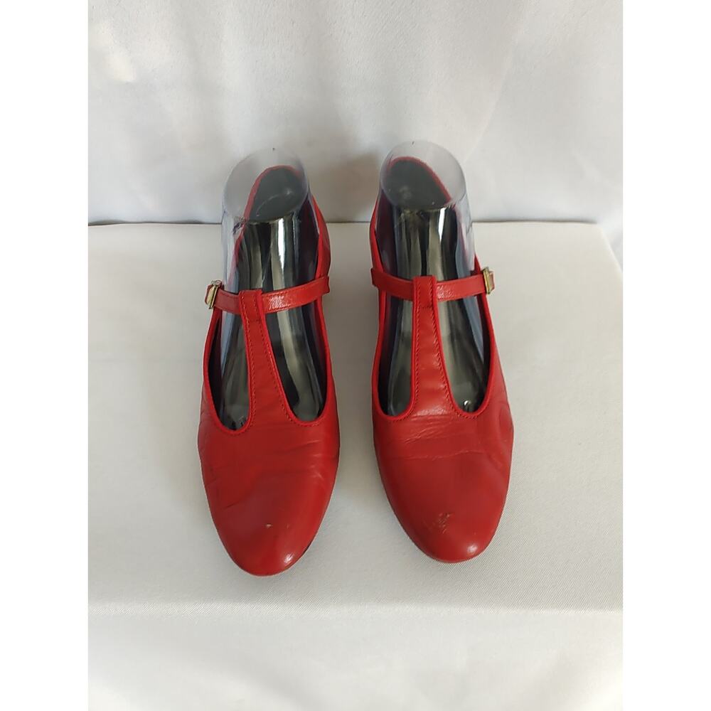 Leo's Dance Wear Rockabilly Women’s Red Leather T-Strap Dance Shoes, Low Heel - Picture 3 of 16